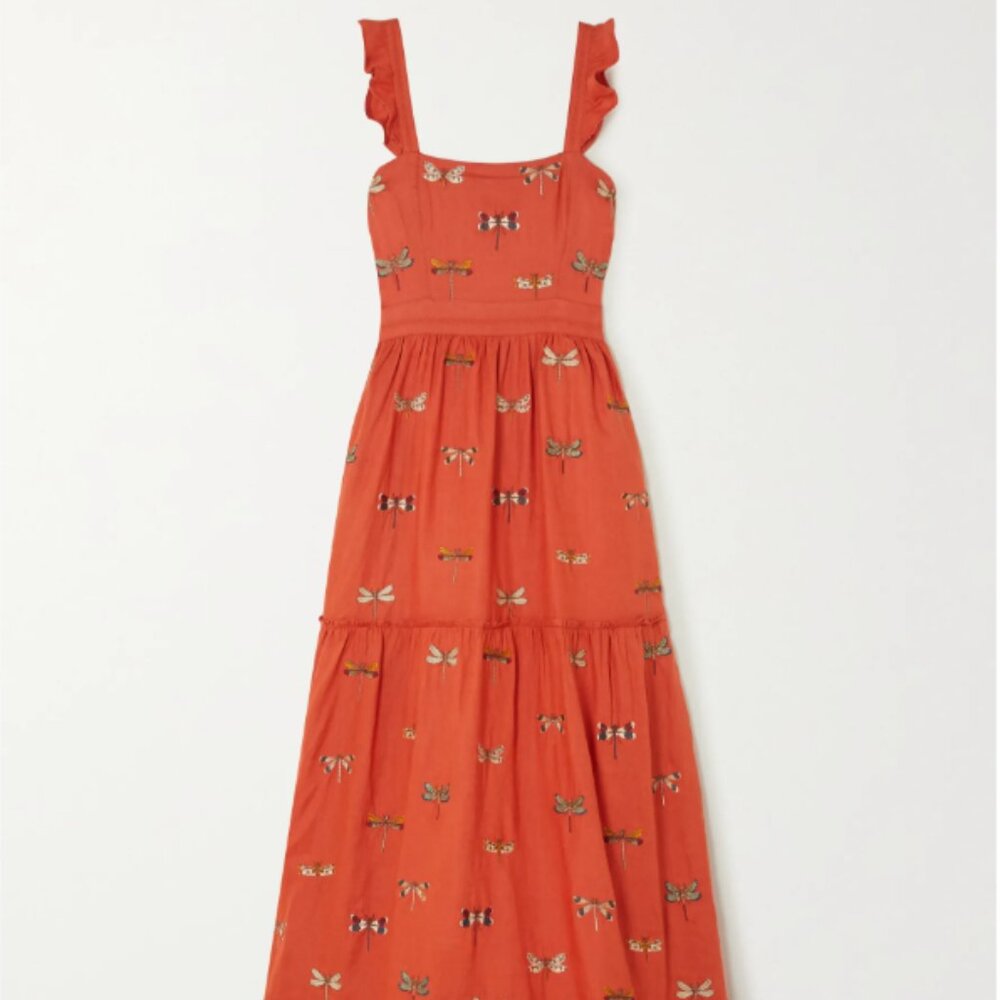 Agua by Agua Bendita Herbarium Tiered Embroidered Linen Maxi Dress In Orange